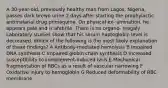 A 30-year-old, previously healthy man from Lagos, Nigeria, passes dark brown urine 2 days after starting the prophylactic antimalarial drug primaquine. On physical ex- amination, he appears pale and is afebrile. There is no organo- megaly. Laboratory studies show that his serum haptoglobin level is decreased. Which of the following is the most likely explanation of these findings? A Antibody-mediated hemolysis B Impaired DNA synthesis C Impaired globin chain synthesis D Increased susceptibility to complement-induced lysis E Mechanical fragmentation of RBCs as a result of vascular narrowing F Oxidative injury to hemoglobin G Reduced deformability of RBC membrane