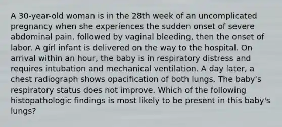 A 30-year-old woman is in the 28th week of an uncomplicated pregnancy when she experiences the sudden onset of severe abdominal pain, followed by vaginal bleeding, then the onset of labor. A girl infant is delivered on the way to the hospital. On arrival within an hour, the baby is in respiratory distress and requires intubation and mechanical ventilation. A day later, a chest radiograph shows opacification of both lungs. The baby's respiratory status does not improve. Which of the following histopathologic findings is most likely to be present in this baby's lungs?