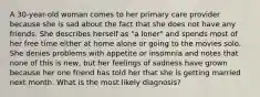 A 30-year-old woman comes to her primary care provider because she is sad about the fact that she does not have any friends. She describes herself as "a loner" and spends most of her free time either at home alone or going to the movies solo. She denies problems with appetite or insomnia and notes that none of this is new, but her feelings of sadness have grown because her one friend has told her that she is getting married next month. What is the most likely diagnosis?