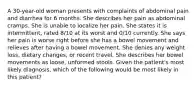 A 30-year-old woman presents with complaints of abdominal pain and diarrhea for 6 months. She describes her pain as abdominal cramps. She is unable to localize her pain. She states it is intermittent, rated 8/10 at its worst and 0/10 currently. She says her pain is worse right before she has a bowel movement and relieves after having a bowel movement. She denies any weight loss, dietary changes, or recent travel. She describes her bowel movements as loose, unformed stools. Given the patient's most likely diagnosis, which of the following would be most likely in this patient?