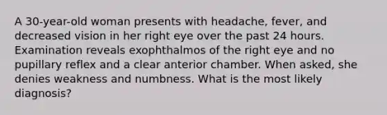 A 30-year-old woman presents with headache, fever, and decreased vision in her right eye over the past 24 hours. Examination reveals exophthalmos of the right eye and no pupillary reflex and a clear anterior chamber. When asked, she denies weakness and numbness. What is the most likely diagnosis?