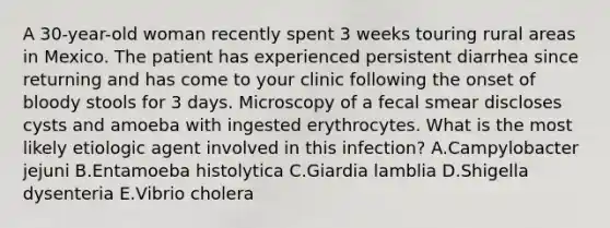 A 30-year-old woman recently spent 3 weeks touring rural areas in Mexico. The patient has experienced persistent diarrhea since returning and has come to your clinic following the onset of bloody stools for 3 days. Microscopy of a fecal smear discloses cysts and amoeba with ingested erythrocytes. What is the most likely etiologic agent involved in this infection? A.Campylobacter jejuni B.Entamoeba histolytica C.Giardia lamblia D.Shigella dysenteria E.Vibrio cholera