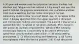 A 30-year-old woman sees her physician because she has had diarrhea and fatigue and has noticed a 3-kg weight loss over the past 6 months. On physical examination, she is afebrile and has mild muscle wasting, but her motor strength is normal. Laboratory studies show no occult blood, ova, or parasites in the stool. A biopsy specimen from the upper jejunum is obtained, and microscopic findings are reviewed. The patient is placed on a special diet with no wheat or rye grain products. The change in diet produces dramatic improvement. Which of the following microscopic features is most likely to be seen in the biopsy specimen? □ (A) Lymphatic obstruction □ (B) Noncaseating granulomas □ (C) Villous blunting and flattening □ (D) Foamy macrophages within the lamina propria □ (E) Crypt abscesses