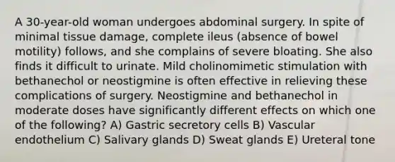 A 30-year-old woman undergoes abdominal surgery. In spite of minimal tissue damage, complete ileus (absence of bowel motility) follows, and she complains of severe bloating. She also finds it difficult to urinate. Mild cholinomimetic stimulation with bethanechol or neostigmine is often effective in relieving these complications of surgery. Neostigmine and bethanechol in moderate doses have significantly different effects on which one of the following? A) Gastric secretory cells B) Vascular endothelium C) Salivary glands D) Sweat glands E) Ureteral tone