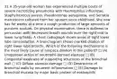 31 A 35-year-old woman has experienced multiple bouts of severe necrotizing pneumonia with Haemophilus influenzae, Staphylococcus aureus, Pseudomonas aeruginosa, and Serratia marcescens cultured from her sputum since childhood. She now has for weeks at a time a cough productive of large amounts of purulent sputum. On physical examination, there is dullness to percussion with decreased breath sounds over the right mid to lower lung fields. A chest radiograph shows areas of right lower lobe consolidation. A bronchogram shows marked dilation of right lower lobe bronchi. Which of the following mechanisms is the most likely cause of airspace dilation in this patient? □ (A) Unopposed action of neutrophil-derived elastase □ (B) Congenital weakness of supporting structures of the bronchial wall □ (C) Diffuse alveolar damage □ (D) Destruction of bronchial walls by recurrent inflammation □ (E) Damage to bronchial mucosa by major basic protein of eosinophils