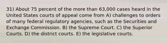 31) About 75 percent of the more than 63,000 cases heard in the United States courts of appeal come from A) challenges to orders of many federal regulatory agencies, such as the Securities and Exchange Commission. B) the Supreme Court. C) the Superior Courts. D) the district courts. E) the legislative courts.