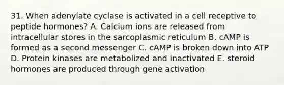 31. When adenylate cyclase is activated in a cell receptive to peptide hormones? A. Calcium ions are released from intracellular stores in the sarcoplasmic reticulum B. cAMP is formed as a second messenger C. cAMP is broken down into ATP D. Protein kinases are metabolized and inactivated E. steroid hormones are produced through gene activation