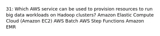 31: Which AWS service can be used to provision resources to run big data workloads on Hadoop clusters? Amazon Elastic Compute Cloud (Amazon EC2) AWS Batch AWS Step Functions Amazon EMR