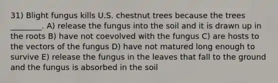 31) Blight fungus kills U.S. chestnut trees because the trees ________. A) release the fungus into the soil and it is drawn up in the roots B) have not coevolved with the fungus C) are hosts to the vectors of the fungus D) have not matured long enough to survive E) release the fungus in the leaves that fall to the ground and the fungus is absorbed in the soil