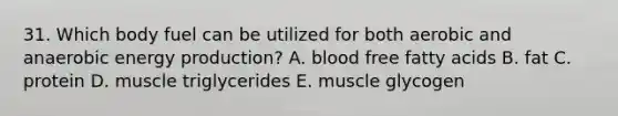 31. Which body fuel can be utilized for both aerobic and anaerobic energy production? A. blood free fatty acids B. fat C. protein D. muscle triglycerides E. muscle glycogen