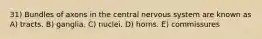 31) Bundles of axons in the central nervous system are known as A) tracts. B) ganglia. C) nuclei. D) horns. E) commissures
