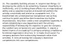 31. The capability building process: A. requires two things: (1) developing the ability to do something, however imperfectly or inefficiently, and (2) molding these efforts into an organizational ability and as experience grows and personnel perform the activity consistently well and at an acceptable cost, it is transformed into a tried-and-true competence and as they continue to polish and refine their know-how into further improvements, they then create a real competitive capability. B. entails establishing a new department with the primary responsibility of developing the expertise to give the company the needed core competencies and capabilities. C. stands a better chance of succeeding if a company employs a traditional functional organization structure. D. is made much easier if a company abstains from outsourcing important value chain activities. E. aims at turning the company's distinctive competencies into core competencies.