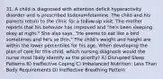 31. A child is diagnosed with attention deficit hyperactivity disorder and is prescribed lisdexamfetamine. The child and his parents return to the clinic for a follow-up visit. The mother reports that his behavior has improved and "he's been sleeping okay at night." She also says, "He seems to eat like a bird sometimes and he's so thin." The child's weight and height are within the lower percentiles for his age. When developing the plan of care for this child, which nursing diagnosis would the nurse most likely identify as the priority? A) Disrupted Sleep Patterns B) Ineffective Coping C) Imbalanced Nutrition: Less Than Body Requirements D) Ineffective Breathing Pattern