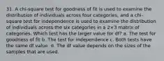 31. A chi-square test for goodness of fit is used to examine the distribution of individuals across four categories, and a chi-square test for independence is used to examine the distribution of individuals across the six categories in a 2×3 matrix of categories. Which test has the larger value for df? a. The test for goodness of fit b. The test for independence c. Both tests have the same df value. d. The df value depends on the sizes of the samples that are used.