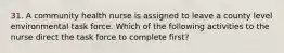 31. A community health nurse is assigned to leave a county level environmental task force. Which of the following activities to the nurse direct the task force to complete first?