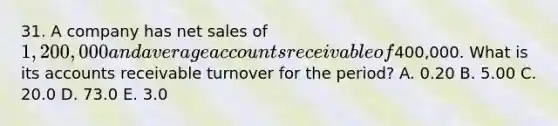 31. A company has <a href='https://www.questionai.com/knowledge/ksNDOTmr42-net-sales' class='anchor-knowledge'>net sales</a> of 1,200,000 and average accounts receivable of400,000. What is its accounts receivable turnover for the period? A. 0.20 B. 5.00 C. 20.0 D. 73.0 E. 3.0