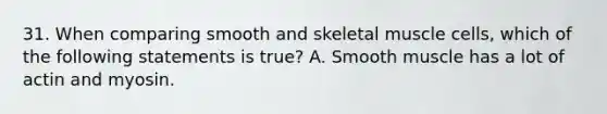 31. When comparing smooth and skeletal muscle cells, which of the following statements is true? A. Smooth muscle has a lot of actin and myosin.