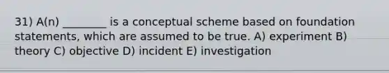 31) A(n) ________ is a conceptual scheme based on foundation statements, which are assumed to be true. A) experiment B) theory C) objective D) incident E) investigation