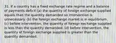 31. If a country has a fixed exchange rate regime and a balance of payments deficit (a) the quantity of foreign exchange supplied equals than the quantity demanded so intervention is unnecessary. (b) the foreign exchange market is in equilibrium. (c) before intervention, the quantity of foreign exchange supplied is less than the quantity demanded. (d) before intervention, the quantity of foreign exchange supplied is greater than the quantity demanded.