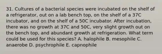 31. Cultures of a bacterial species were incubated on the shelf of a refrigerator, out on a lab bench top, on the shelf of a 37C incubator, and on the shelf of a 50C incubator. After incubation, there was no growth at 37C and 50C, very slight growth out on the bench top, and abundant growth at refrigeration. What term could be used for this species? A. halophile B. mesophile C. anaerobe D. psychrophile E. capnophile