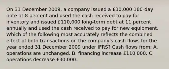 On 31 December 2009, a company issued a £30,000 180-day note at 8 percent and used the cash received to pay for inventory and issued £110,000 long-term debt at 11 percent annually and used the cash received to pay for new equipment. Which of the following most accurately reflects the combined effect of both transactions on the company's cash flows for the year ended 31 December 2009 under IFRS? Cash flows from: A. operations are unchanged. B. financing increase £110,000. C. operations decrease £30,000.