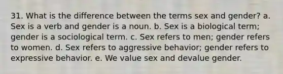 31. What is the difference between the terms sex and gender? a. Sex is a verb and gender is a noun. b. Sex is a biological term; gender is a sociological term. c. Sex refers to men; gender refers to women. d. Sex refers to aggressive behavior; gender refers to expressive behavior. e. We value sex and devalue gender.