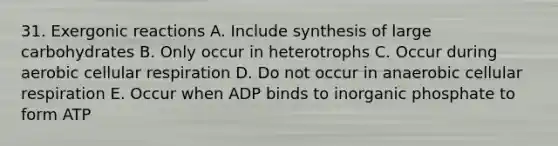 31. Exergonic reactions A. Include synthesis of large carbohydrates B. Only occur in heterotrophs C. Occur during aerobic <a href='https://www.questionai.com/knowledge/k1IqNYBAJw-cellular-respiration' class='anchor-knowledge'>cellular respiration</a> D. Do not occur in anaerobic cellular respiration E. Occur when ADP binds to inorganic phosphate to form ATP