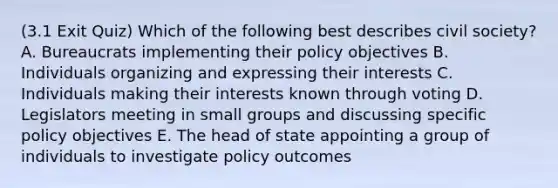 (3.1 Exit Quiz) Which of the following best describes civil society? A. Bureaucrats implementing their policy objectives B. Individuals organizing and expressing their interests C. Individuals making their interests known through voting D. Legislators meeting in small groups and discussing specific policy objectives E. The head of state appointing a group of individuals to investigate policy outcomes