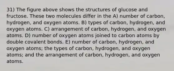 31) The figure above shows the structures of glucose and fructose. These two molecules differ in the A) number of carbon, hydrogen, and oxygen atoms. B) types of carbon, hydrogen, and oxygen atoms. C) arrangement of carbon, hydrogen, and oxygen atoms. D) number of oxygen atoms joined to carbon atoms by double covalent bonds. E) number of carbon, hydrogen, and oxygen atoms; the types of carbon, hydrogen, and oxygen atoms; and the arrangement of carbon, hydrogen, and oxygen atoms.