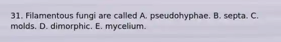 31. Filamentous fungi are called A. pseudohyphae. B. septa. C. molds. D. dimorphic. E. mycelium.