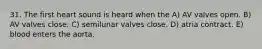 31. The first heart sound is heard when the A) AV valves open. B) AV valves close. C) semilunar valves close. D) atria contract. E) blood enters the aorta.