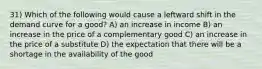 31) Which of the following would cause a leftward shift in the demand curve for a good? A) an increase in income B) an increase in the price of a complementary good C) an increase in the price of a substitute D) the expectation that there will be a shortage in the availability of the good