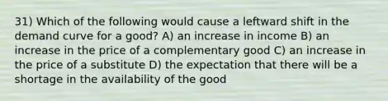 31) Which of the following would cause a leftward shift in the demand curve for a good? A) an increase in income B) an increase in the price of a complementary good C) an increase in the price of a substitute D) the expectation that there will be a shortage in the availability of the good