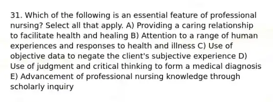 31. Which of the following is an essential feature of professional nursing? Select all that apply. A) Providing a caring relationship to facilitate health and healing B) Attention to a range of human experiences and responses to health and illness C) Use of objective data to negate the client's subjective experience D) Use of judgment and critical thinking to form a medical diagnosis E) Advancement of professional nursing knowledge through scholarly inquiry