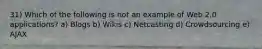 31) Which of the following is not an example of Web 2.0 applications? a) Blogs b) Wikis c) Netcasting d) Crowdsourcing e) AJAX