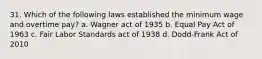 31. Which of the following laws established the minimum wage and overtime pay? a. Wagner act of 1935 b. Equal Pay Act of 1963 c. Fair Labor Standards act of 1938 d. Dodd-Frank Act of 2010