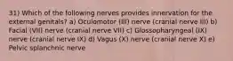 31) Which of the following nerves provides innervation for the external genitals? a) Oculomotor (III) nerve (cranial nerve III) b) Facial (VII) nerve (cranial nerve VII) c) Glossopharyngeal (IX) nerve (cranial nerve IX) d) Vagus (X) nerve (cranial nerve X) e) Pelvic splanchnic nerve