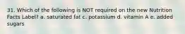 31. Which of the following is NOT required on the new Nutrition Facts Label? a. saturated fat c. potassium d. vitamin A e. added sugars