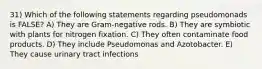 31) Which of the following statements regarding pseudomonads is FALSE? A) They are Gram-negative rods. B) They are symbiotic with plants for nitrogen fixation. C) They often contaminate food products. D) They include Pseudomonas and Azotobacter. E) They cause urinary tract infections