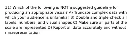 31) Which of the following is NOT a suggested guideline for producing an appropriate visual? A) Truncate complex data with which your audience is unfamiliar B) Double and triple-check all labels, numbers, and visual shapes C) Make sure all parts of the scale are represented D) Report all data accurately and without misrepresentation