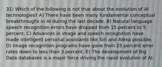 31) Which of the following is not true about the evolution of AI technologies? A) There have been many fundamental conceptual breakthroughs in AI during the last decade. B) Natural language speech recognition errors have dropped from 15 percent to 5 percent. C) Advances in image and speech recognition have made intelligent personal assistants like Siri and Alexa possible. D) Image recognition programs have gone from 25 percent error rates down to less than 3 percent. E) The development of Big Data databases is a major force driving the rapid evolution of AI.