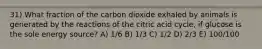 31) What fraction of the carbon dioxide exhaled by animals is generated by the reactions of the citric acid cycle, if glucose is the sole energy source? A) 1/6 B) 1/3 C) 1/2 D) 2/3 E) 100/100