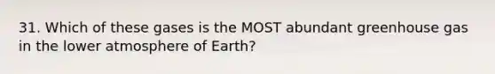 31. Which of these gases is the MOST abundant greenhouse gas in the lower atmosphere of Earth?