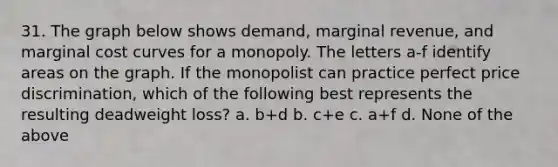 31. The graph below shows demand, marginal revenue, and marginal cost curves for a monopoly. The letters a-f identify areas on the graph. If the monopolist can practice perfect price discrimination, which of the following best represents the resulting deadweight loss? a. b+d b. c+e c. a+f d. None of the above