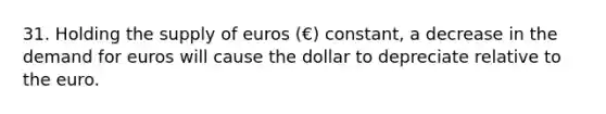 31. Holding the supply of euros (€) constant, a decrease in the demand for euros will cause the dollar to depreciate relative to the euro.