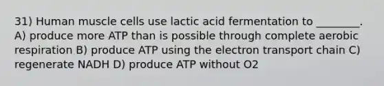 31) Human muscle cells use lactic acid fermentation to ________. A) produce more ATP than is possible through complete aerobic respiration B) produce ATP using the electron transport chain C) regenerate NADH D) produce ATP without O2