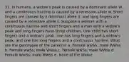 31. In humans, a widow's peak is caused by a dominant allele W, and a continuous hairline is caused by a recessive allele w. Short fingers are caused by a dominant allele S, and long fingers are caused by a recessive allele s. Suppose a woman with a continuous hairline and short fingers and a man with a widow's peak and long fingers have three children. One child has short fingers and a widow's peak, one has long fingers and a widow's peak, and one has long fingers and a continuous hairline. What are the genotypes of the parents? a. Female wwSS; male WWss b. Female wwSs; male Wwss c. Female wwSs; male WWss d. Female WwSs; male WwSs e. None of the above