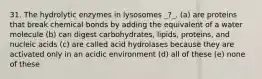 31. The hydrolytic enzymes in lysosomes _?_. (a) are proteins that break chemical bonds by adding the equivalent of a water molecule (b) can digest carbohydrates, lipids, proteins, and nucleic acids (c) are called acid hydrolases because they are activated only in an acidic environment (d) all of these (e) none of these