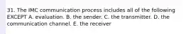 31. The IMC communication process includes all of the following EXCEPT A. evaluation. B. the sender. C. the transmitter. D. the communication channel. E. the receiver