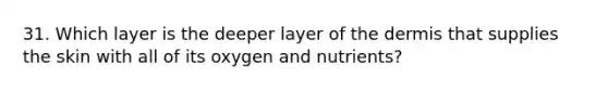 31. Which layer is the deeper layer of <a href='https://www.questionai.com/knowledge/kEsXbG6AwS-the-dermis' class='anchor-knowledge'>the dermis</a> that supplies the skin with all of its oxygen and nutrients?